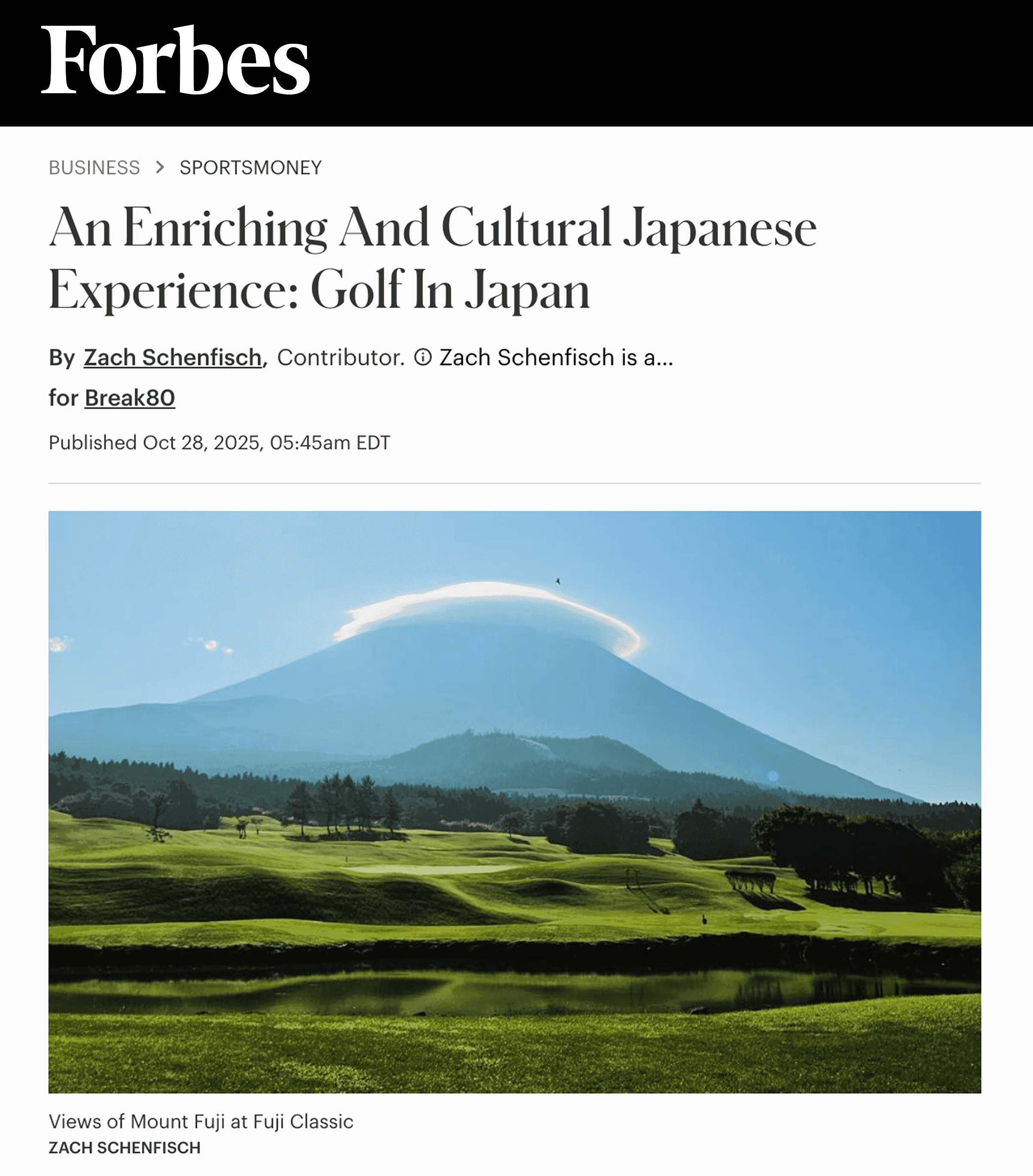 Forbes article — An Enriching And Cultural Japanese Experience: Golf In Japan, with a photo of Mount Fuji at Fuji Classic