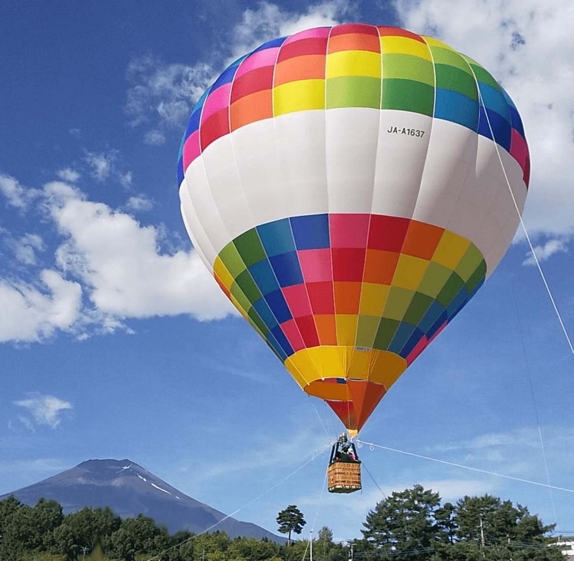 Hot-air balloon drifting above the grounds with Mt. Fuji beyond
