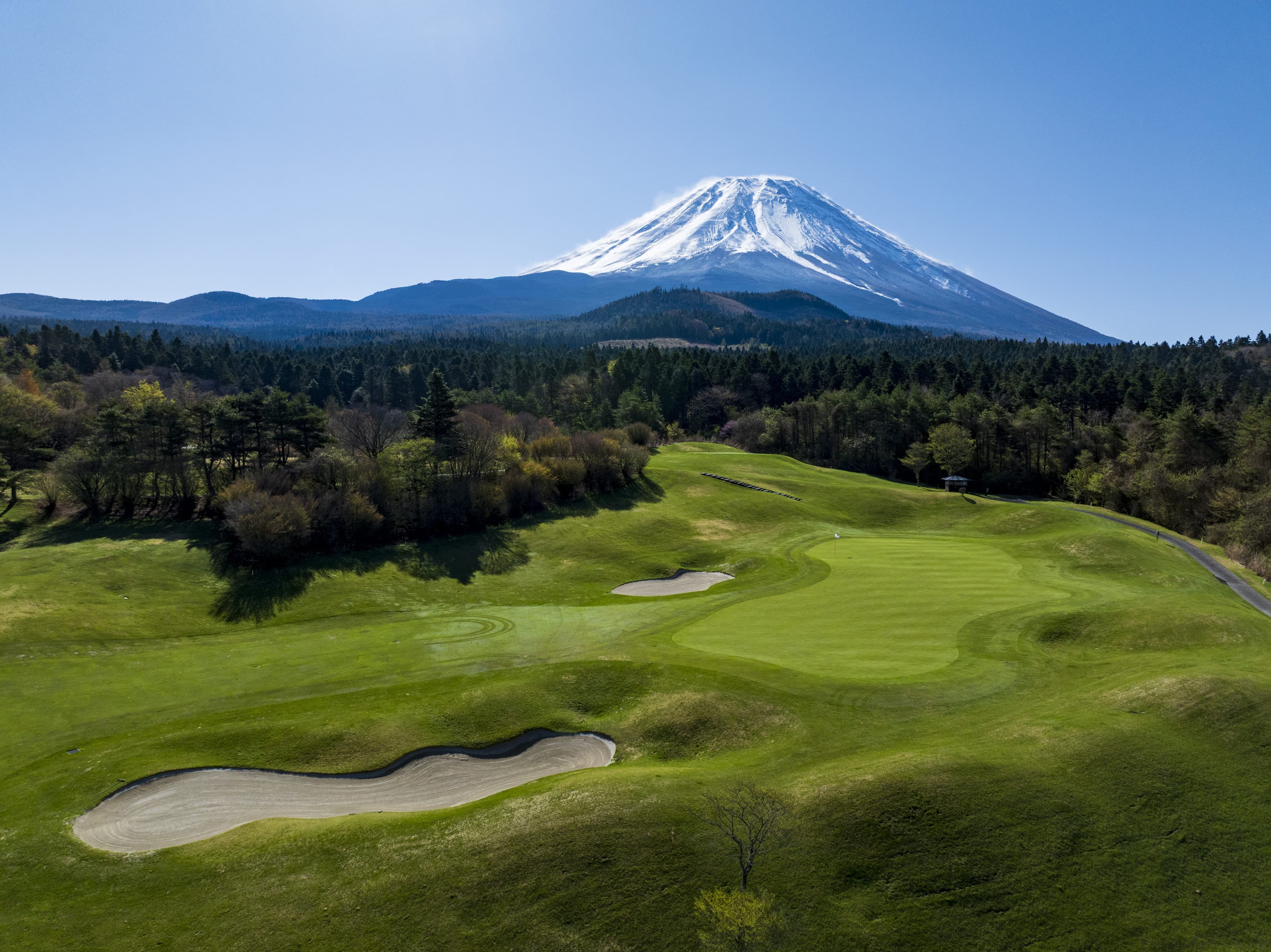 Hole 5 at Fuji Classic — tree-lined fairway and deep bunkers facing Mt. Fuji